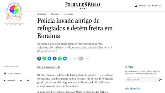 Read more about the article FOLHA DE SÃO PAULO: Polícia invade abrigo de refugiados e detém freira em Roraima